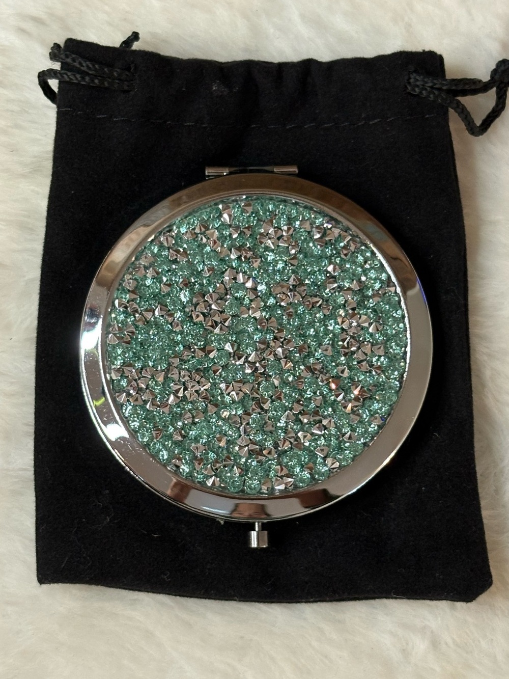Crystal-Embellished Compact Mirror - Mint Green